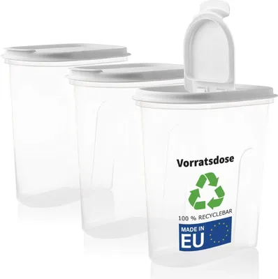 Three clear plastic storage containers with white lids, one of which is open showing a pouring spout. The front container has a label with recycling symbols and text.