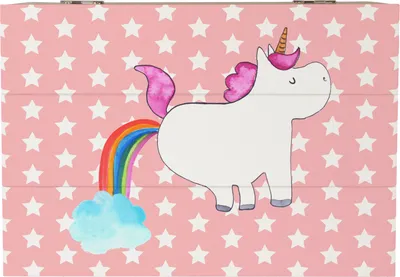Produktbild von Mr. & Mrs. Panda Geschenkbox Einhorn Pupsen 22 x 15 cm - Rot Pastell - Geschenk, Unicorn, Box, Glitzer, Freundin, geschenkkiste, schatztruhe, Spaß, fotobox, Regenbogen