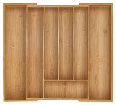 Produktbild von Relaxdays Besteckkasten, 5–7 Fächer, ausziehbarer Besteck Schubladeneinsatz, HxBxT: 5 x 31-50 x 45 cm, Bambus, natur