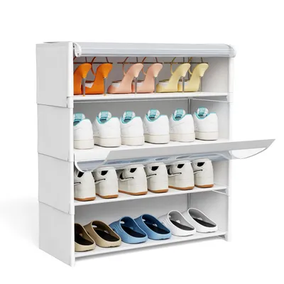 Produktbild von Schuhregal mit 4 Ebenen,Schuhschrank Hoch für 12 Paar Schuhe,Schuh-Organizer aus Stoff mit Transparent PVC Tür für Flur Schlafzimmer 64x30x73cm