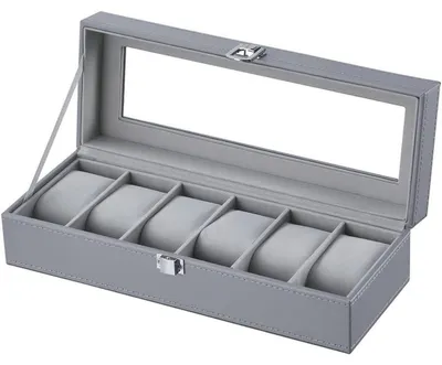 Productafbeelding van Horlogebox voor heren, geschikt voor 6 horloges, met glazen venster, Polyurethanleer, fluweel, grijs - w04g
