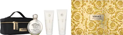 A Versace EROS FOR WOMEN gift set including a cosmetic bag, perfume bottle, and two lotions, presented with its decorative packaging.