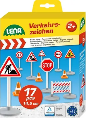 Produktbild von Simm, 17 Teile Verkehrszeichen Set für Spielzeugautos, Warn-, Stopp-, Verbots- und Gebotsschilder, Kunststoff, mehrfarbig, 16 cm, ab 2 Jahre, in der EU produziert