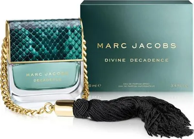 A bottle of Marc Jacobs Divine Decadence perfume and its packaging.