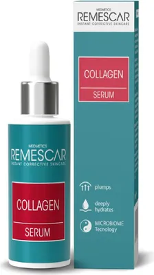 A bottle of Remescar Collagen Serum and its packaging.