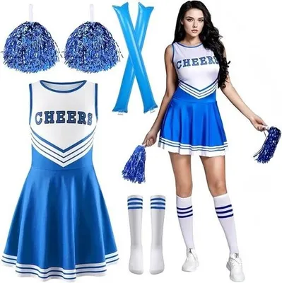 Produktbild von Cheerleader-Kostüm – Blau – Kleid mit Pompons – Socken und Accessoires – Party – Karneval