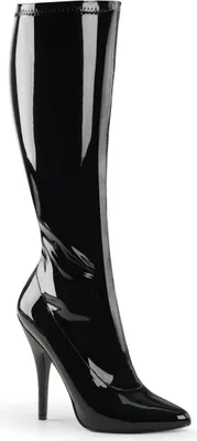 A single black high-heeled boot shown against a white background.