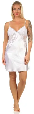 Produktbild von Damen Negligé Satin Nachtkleid Reizwäsche mit Spitze; Weiß/S