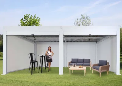 Obrázok produktu pre Pergola HWC-L46 so 6x bočnou stenou, záhradný altánok s lamelovou roletou, 11 cm hliníkový rám, odolný proti búrke 3x6 m ~ biela