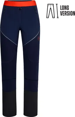 Dunkelblaue Trekkinghose für Damen von La Sportiva mit orangefarbenem Bund; lange Version.
