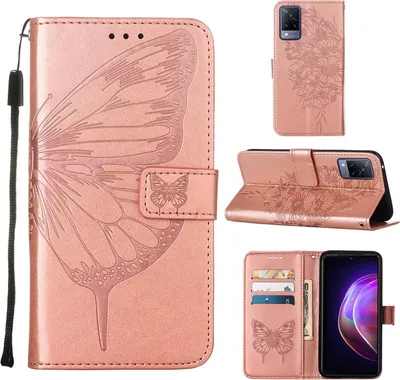 Obrázek produktu pro VIVO V21 5G Pouzdro, Motýlí Reliéf Flip Kožené Pouzdro s Kapsami na Karty a Stojánkem pro VIVO V21 5G / 4G Růžové zlato