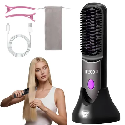 Produktbild von Glättbürste, 2 in 1 Haarglätter Bürste kabellose, mit LED Display, Schnell aufheizend, Glätteisen Alternative, kompakt und perfekt für unterwegs