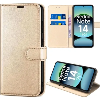 Image de Coque pour Xiaomi Redmi Note 14 4G, Flip Case Cuir Synthétique Souple Antichoc Anti-Rayures - Doré