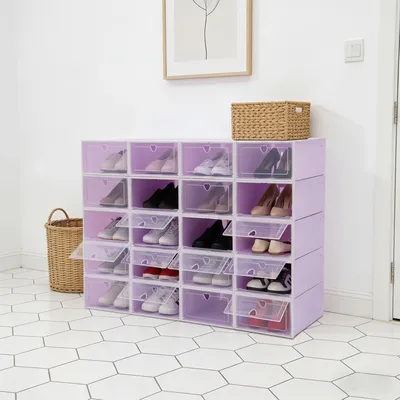 Produktbild von 20 Schuhboxen aus Kunststoff, stapelbare transparente Aufbewahrungsboxen für Schuhe, faltbare Schuhaufbewahrung für Wohnzimmer, Schlafzimmer und Garderobe, 33x23x14cm (Lila)