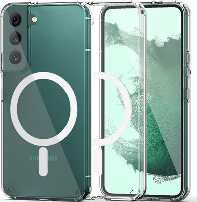 A clear phone case with a magnetic ring is shown next to a phone.