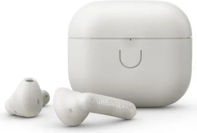A pair of white wireless earbuds and their charging case are displayed against a white background.