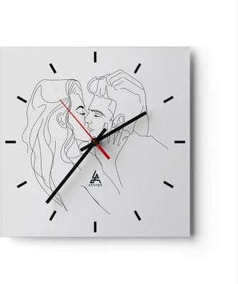 Produktbild von Wanduhr - Quadrat - Glasuhr - Kuss Paar Skizze - 30x30cm - Schleichendes Uhrwerk - Lautlos - zum Aufhängen bereit - Dekoration Modern - Wanddekoration aus Glas - C3AC30x30-4434