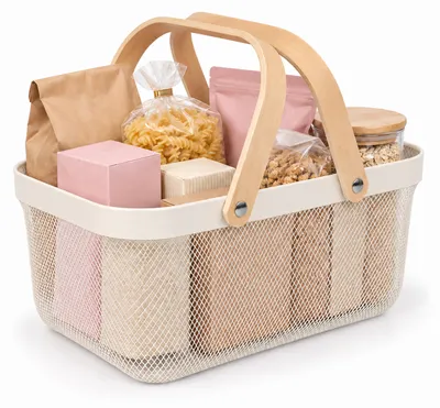 Image de Panier en fil de fer avec poignée, de forme carrée, panier de rangement en métal et en bois, idéal pour la cuisine, la salle de bain ou le salon, couleur crème, Image générée par une IA