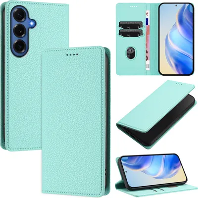 Produktbild von Litchi Leder Handyhülle für Samsung Galaxy S26+ Wallet Kartenfächer Standfunktion Hülle Türkis
