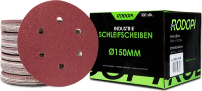 Produktbild von 200 x RODOPI Klett Schleifpapier 150mm RedDevil Körnung K60 Schleifscheiben für Exzenterschleifer 6-Loch Zirkonium Korund Schleifpads Klettscheibe