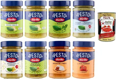 Produktbild von Barilla Pesto Mix 16 x 190 g Glas – Genovese, Rucola, Basilico & Sortenmix, italienische Pastasauce Vorratspack + Italian Gourmet polpa