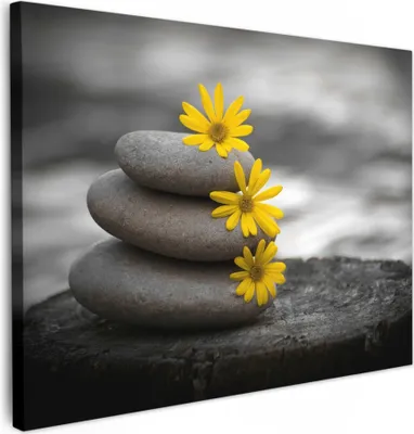 Produktbild von MuchoWow® - Leinwandbilder - Zen-Steine - Blumen - Gelb - Natur, Wandbild, Wanddeko Bilder Wohnzimmer, 80x60 cm