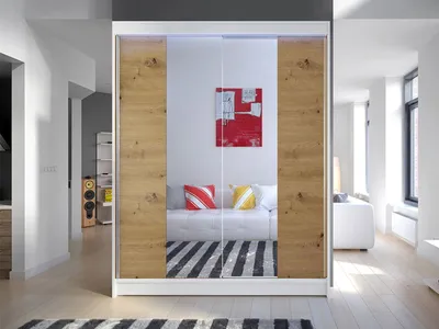 Obrázek produktu pro Šatní skříň 150 cm se zrcadlem a LED osvětlením PIRITU 2 - bílá / dub artisan