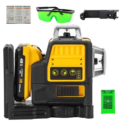 Obrázek produktu pro Laserová vodováha – 3D, 12 čar, 360° – 360° vertikálně – zelený laser – 12V lithiová baterie – 1 baterie v balení – kovové pouzdro – hnědá