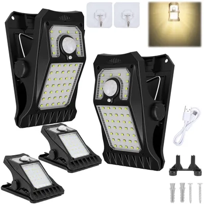 Image de Lampe solaire LED pour jardin, avec clip et détecteur de mouvement, étanche IP65, 3 modes, lampe solaire et USB pour extérieur, éclairage de clôture, lampe solaire pour camping, lumière chaude