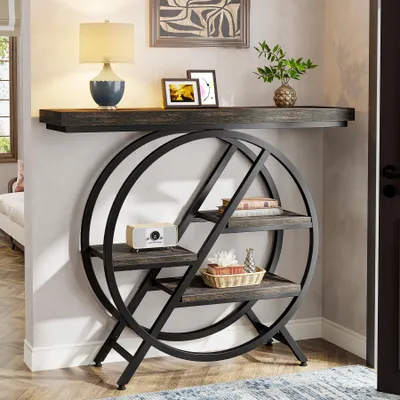Produktbild von LITTLE TREE Konsolentisch, 100 cm Eingangstisch mit verdickter Tischplatte, industrieller 4-stöckiger Flur Sofatisch mit geometrischem Metallrahmen
