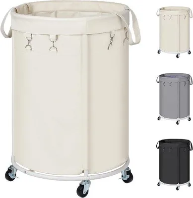 Immagine prodotto di Carrello portabiancheria da 150 litri con ruote, carrello portabiancheria grande con struttura in metallo e sacco portabiancheria impermeabile, carrello portabiancheria per lavanderia, camera da letto, bagno, beige