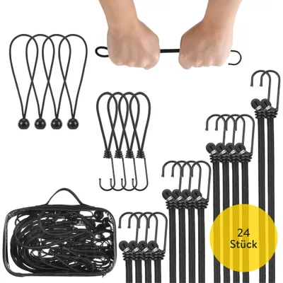 Produktbild von Set mit 28 Bungee-Seilen, schwarz, 12 Stück (schwarzer Haken), Bungee-Seile mit Kugeln, 6 Stück, robuste Bungee-Seile mit Haken, 6 Stück