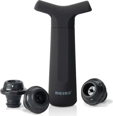 A black wine vacuum pump and three black wine stoppers are displayed against a white background.