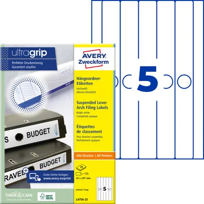 Produktbild von Avery Zweckform L4756-25, Hängeordner-Etiketten, A4, Qualitätsdruck mit: ultragrip, 34 x 297 mm, 125 Etiketten / 25 Bögen, weiß