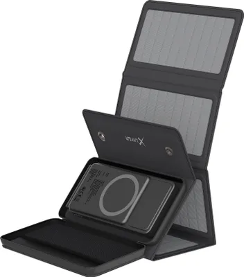 A black solar power bank with multiple panels, shown in an open, folded position against a white background.