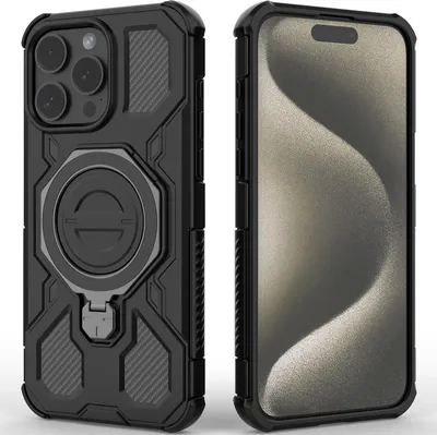 Produktbild von Robuste Handyhülle für iPhone 15 Pro Max mit Ringhalter Ständer Stoßfest, Magnetisch, Dual-Layer Schutz Schwarz