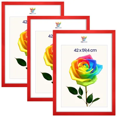 Obrázok produktu pre MG Design, sada 3 kusov rámov na obrázky, červená farba, formát A2 (42x59,4 cm) - rámy na plagáty z masívneho dreva s akrylovým sklom, stabilný systém uchytenia na stenu, možnosť zavesenia na výšku alebo na šírku