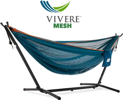 Produktbild von VIVERE Hängematte aus Polyester Mesh mit Gestell 280 cm – 180 kg Belastung - Blau/Orange