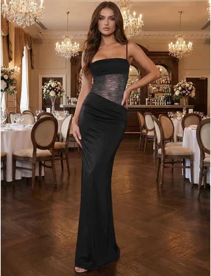 Produktbild von Maxikleid für Damen aus Spitze mit Spaghetti-Trägern, Schlitz und verstellbaren Trägern, ideal für Abendveranstaltungen, Partys und Cocktails