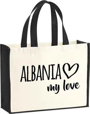 Produktbild von Huuraa Jutetasche Albania my love 21 Liter Black Jute und Baumwolle Einkaufstasche Geschenkidee