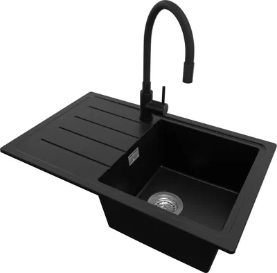 Produktbild von PRIMAGRAN Granitspüle Schwarz 70x44cm, Spülbecken 1 Becken + Küchenarmatur 40x38cm + Ablauf-Set, Küchenspüle ab 45er Unterschrank - Kopenhagen Easy