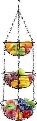 Produktbild von Hängekorb 3 Etagen, Obstkorb zum Aufhängen mit Deckenhaken, 76cm Hängend Obstschale Küche, Gemüsekorb aus Metall (schwarz)
