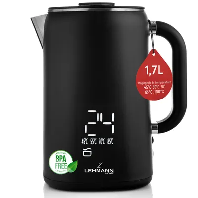 A black electric kettle with a digital display and temperature settings.