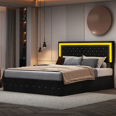 Obrázok produktu pre Hydraulická skriňová pružinová posteľ 160x200cm LED rám postele Nastaviteľné čelo postele so Smart Control RGBW LED, manželská posteľ zo zamatu, čierna