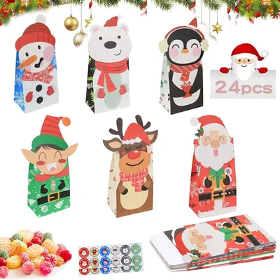 Immagine prodotto di Sacchetti regalo natalizi, confezione da 24, sacchetti di carta con adesivi, ideali per bambini e bambine