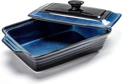 Produktbild von Famanu Auflaufform mit Deckel, große keramische Auflaufform - 3 L, mit Griffen für Lasagne, Cocotte für den Ofen - reaktive Glasur blau