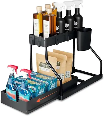 Produktbild von Küchenorganizer 2 Ebenen, ausziehbar, mit Seitenkorb und 4 Haken, für Reinigungsmittel