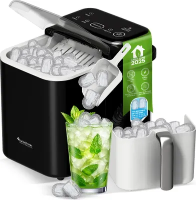 An ice cube maker with a glass of mojito and a separate ice bucket.