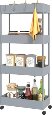 Produktbild von Küchenwagen mit 4 Regalen, 4 flexiblen Haken, 4 Rollen, 40 cm x 19 cm x 90 cm, Nischenwagen, Grau
