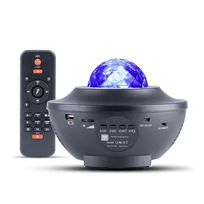 A black star projector with a blue dome is shown on a white background, along with its remote control.